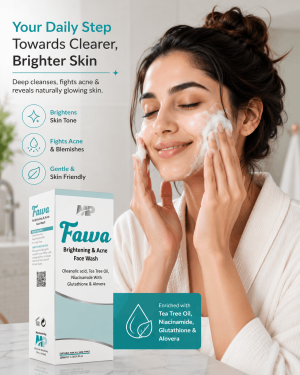 A young woman gently washing her face with Fawa Brightening & Acne Face Wash, featuring Tea Tree Oil, Niacinamide, Oleanolic Acid, Glutathione, and Aloe Vera for acne control and brighter skin.